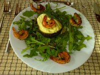 avocado  Gebratene Scampis auf Avocado Cognac Mousse mit Ruccola